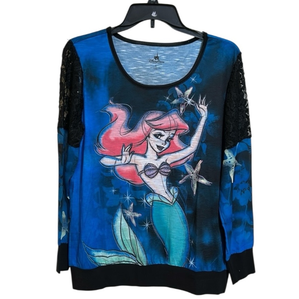 Disney Ariel The Little Mermaid Lace Sleeve Top Blue Graphic Shirt Large